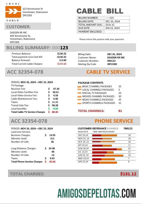 realista Modelo de conta de serviços públicos de negócios de cabos locais marinhos dos EUA em formatos Word e PDF